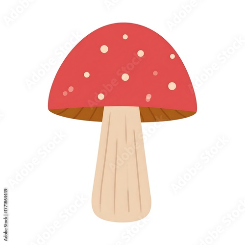 Whimsical Amanita Mushroom Illustration with Red Cap and White Spots.