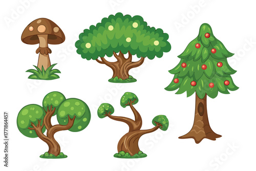 Whimsical Forest Friends: A charming illustration depicts an ensemble of playful trees and a mushroom, exuding cheerfulness and tranquility, ready to infuse any project with a touch of nature's magic.