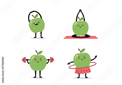Cute green apples illustrate various health and fitness activities, including stretching, yoga, weightlifting, and hula hooping, on a white background.