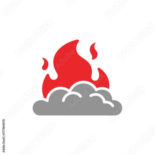 Flat red and gray flame vector representing heat energy, burning process, and fire symbol in simple minimal style.