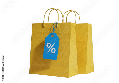 Yellow shopping bags with discount tag percentage sign retail commerce sale promotion isolated on transparent background