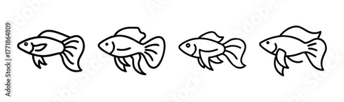 Four decorative outline betta fish illustrations in a row for aquatic design