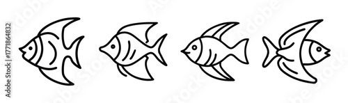 Four stylized angelfish swim in a row creating a charming underwater scene for design