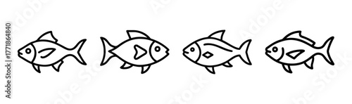 Four simple black skirt tetra fish line drawings in a row for aquatic designs