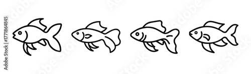 Four detailed line drawings of betta fish swimming in sequence