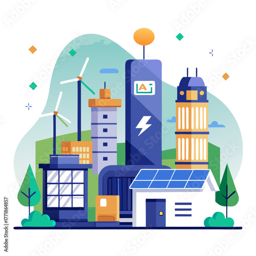 Modern ecofriendly city skyline with wind turbines and solar panels, representing renewable energy and sustainable urban development