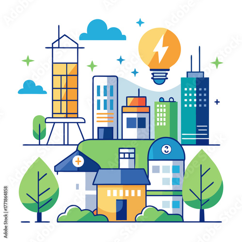 Vibrant illustration of a sustainable city featuring diverse buildings, green spaces, and a glowing lightbulb symbolizing innovation and clean energy