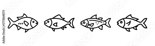 Four hand drawn style small fish swimming together aquatic life sketch simple drawing