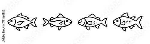 Four line art drawings of small fish in a row showing different poses for design