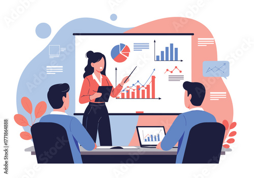 A confident business professional leads a data-driven presentation to her colleagues, showcasing charts and graphs for analysis.