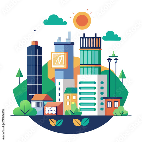 Stylized cityscape showcasing a blend of modern architecture, lush greenery, and elements of renewable energy, promoting an environmentally conscious urban lifestyle
