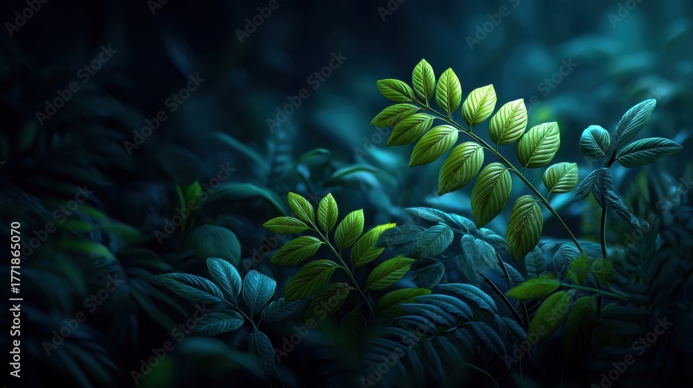 Fototapeta premium Leafy Shrub Aesthetic concept. Lush green foliage illuminated in a mystical, dark atmosphere.