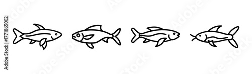Four line art fish swimming together simple outline drawing for aquatic designs