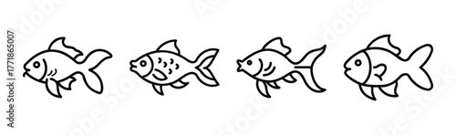 Four hand drawn goldfish swimming together simple outline style