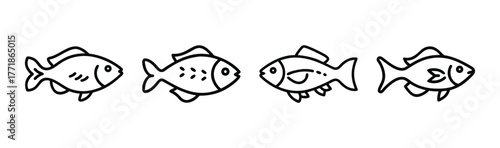 Four outline gourami fish icons simple sketch style aquatic animal line art collection