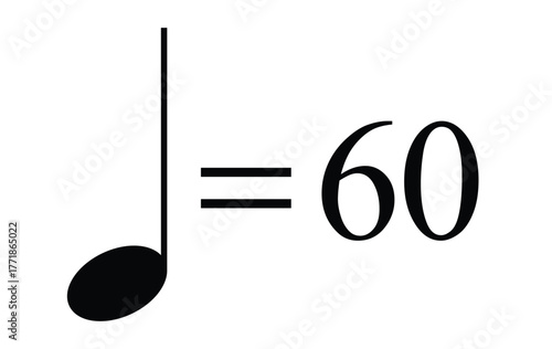 Quarter note equals 60 bpm icon, metronome mark symbol for tempo and rhythm indication, vector with transparent background