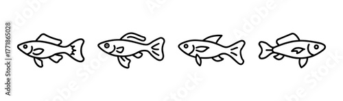 Four small line art guppy fish swimming together freshwater aquatic creatures