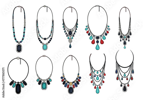 Collection of diverse women's fashion necklaces featuring colorful gemstones and beads in various contemporary and elegant designs.