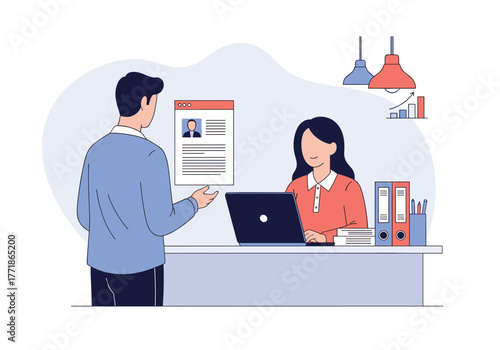 Job seeker presents resume to female recruiter during a formal interview process, highlighting career opportunities.