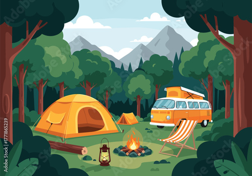 A serene camping scene in a forest clearing with a camper van, tents, and a cozy campfire.