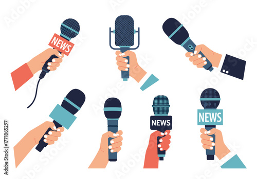 Multiple hands are shown holding various microphones, some labeled 'NEWS,' symbolizing media, reporting, interviews, and public speaking events.