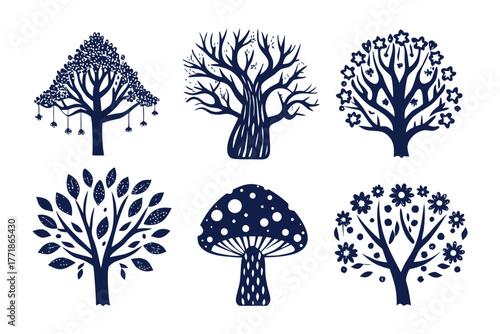 Arboreal Variations: An assortment of stylized trees, each meticulously crafted, presents a spectrum of arboreal aesthetics, perfect for graphic design elements.