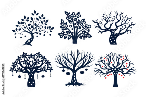 Artistic Array of Trees: A collection of six unique tree illustrations, each showcasing distinctive characteristics from leafy foliage to bare branches.