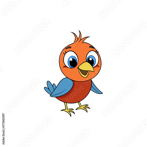 Cute cartoon orange and blue bird with big eyes isolated on white background