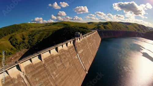 Majestic dam view with blue water, green hills, clear sky, dramatic clouds, concrete engineering structure, and scenic reservoir landscape in daylight