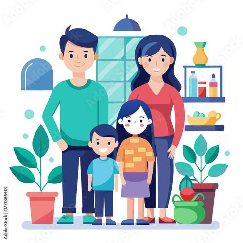 A happy family of four, including parents and two children, posing together in a cozy home setting with plants and home decor