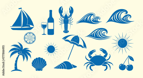 Hand-drawn nautical and beach themed elements featuring sailboats lobster and tropical scenes vector