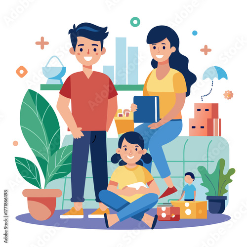 A family of three, consisting of two parents and one child, relaxing on a couch in a living room surrounded by plants and moving boxes