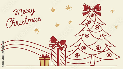 Elegant minimalist Christmas poster with hand-drawn gifts, tree, and festive decorations in red and gold.