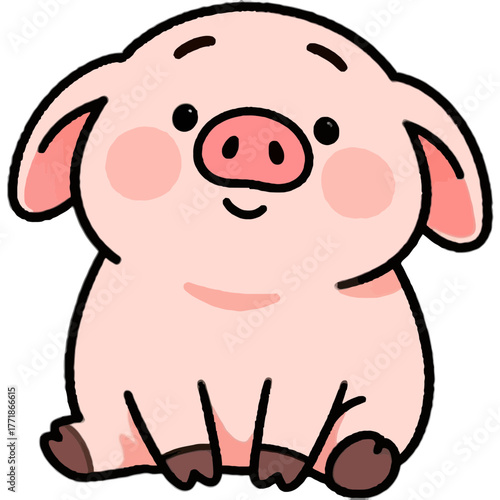 Cute chubby pink piglet sitting happily cartoon illustration. SVG Vector Illustrations