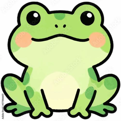 Cute green cartoon frog character with rosy cheeks sitting. SVG Vector Illustrations