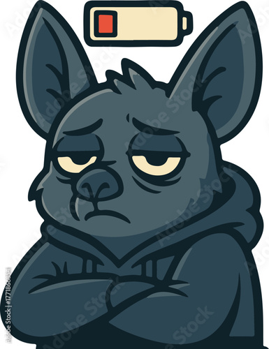 Tired Bat Wearing Hoodie with Low Battery Icon Exhausted Mood Cartoon