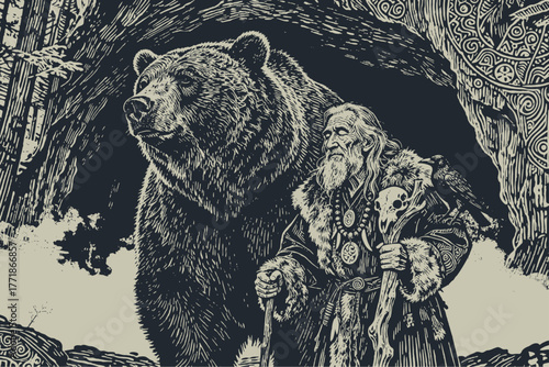 An old wizard, shaman or druid with a long beard and a staff, standing with his bear companion in a forest cave. Vector engraving or woodcut style.