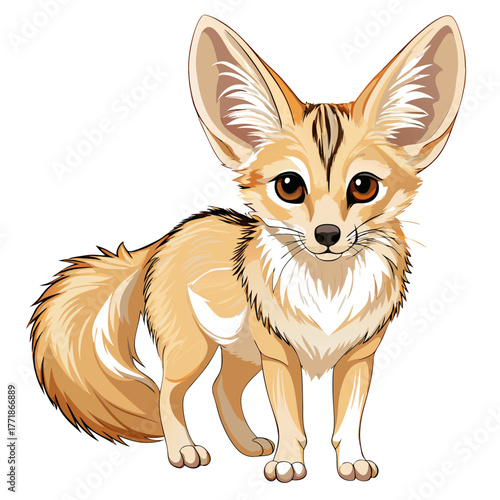 A cute, cartoon fennec fox with large ears and a bushy tail, standing on a