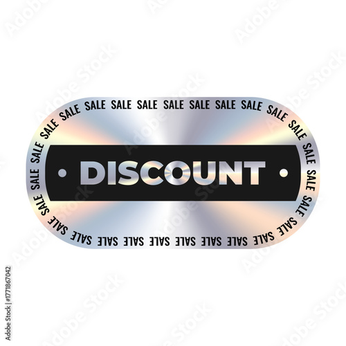 Seasonal discounts. Isolated holographic sticker vector.