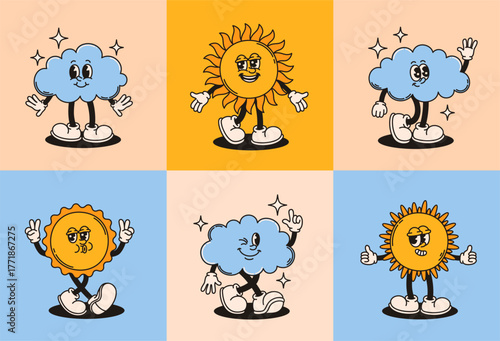 Clouds and suns mascot characters in retro groovy style.