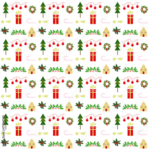 Pattern con elementi decorativi natalizi misti, illustrazione multicolore su sfondo bianco