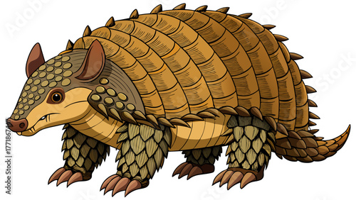A stylized armadillo with a textured, segmented shell and sharp claws, facing left with a determined expression