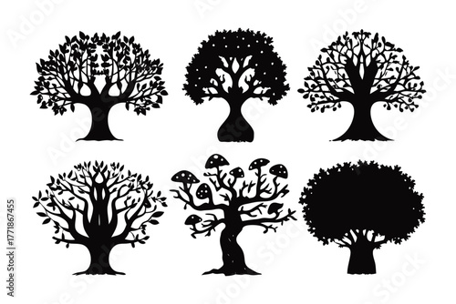Silhouette Trees: A collection of various silhouette trees, evoking a sense of artistic nature, designed in different styles. 