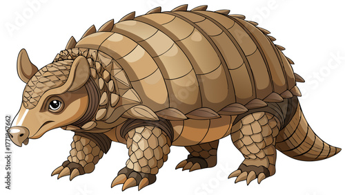 A cartoon illustration of a threebanded armadillo with its armored shell and distinctive features, isolated on a