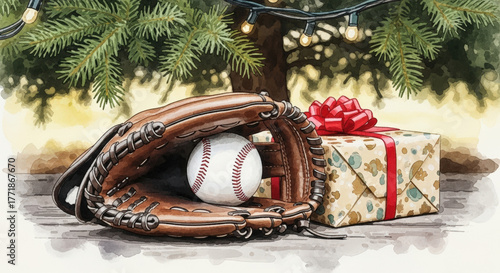 Baseball glove holding a ball with a gift, watercolor illustration, festive Christmas concept with a sporty theme.