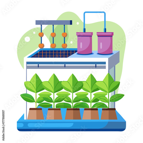 Automated vertical farming setup with plants in pots, solar panels, and nutrient tanks, representing futuristic and efficient food production methods
