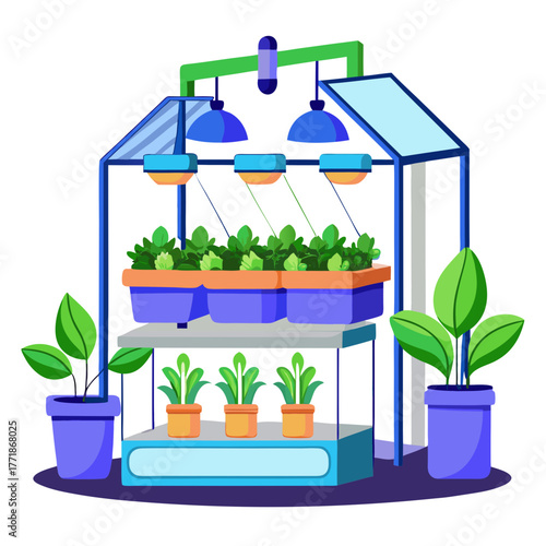 Modern greenhouse with artificial lighting system for growing plants indoors, featuring tiered shelves and potted plants