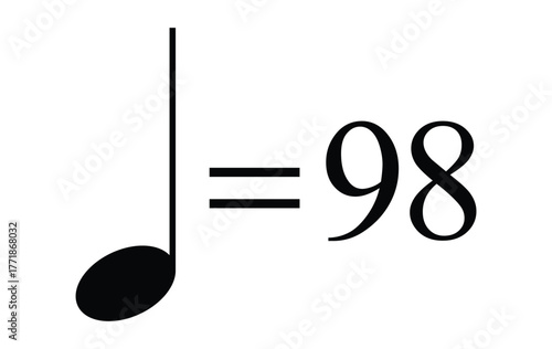 Quarter note equals 98 bpm vector, moderate tempo metronome mark for rhythm graphics and musical design projects