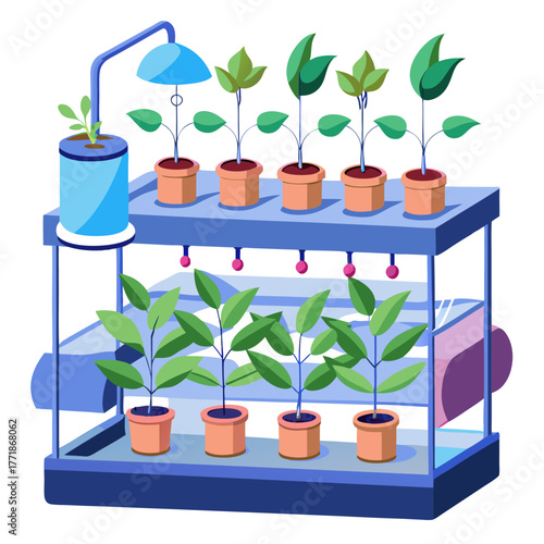 Indoor hydroponic system with plants growing under artificial light, showcasing a modern approach to urban gardening and sustainable agriculture