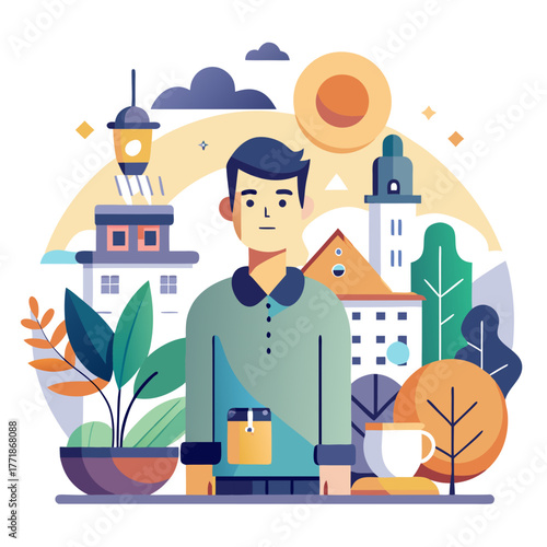 Man standing in a city landscape with buildings, plants, and a coffee cup, representing urban life and daily routine